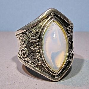 Opalite And Sterling Silver Wide Band Embellished Ring